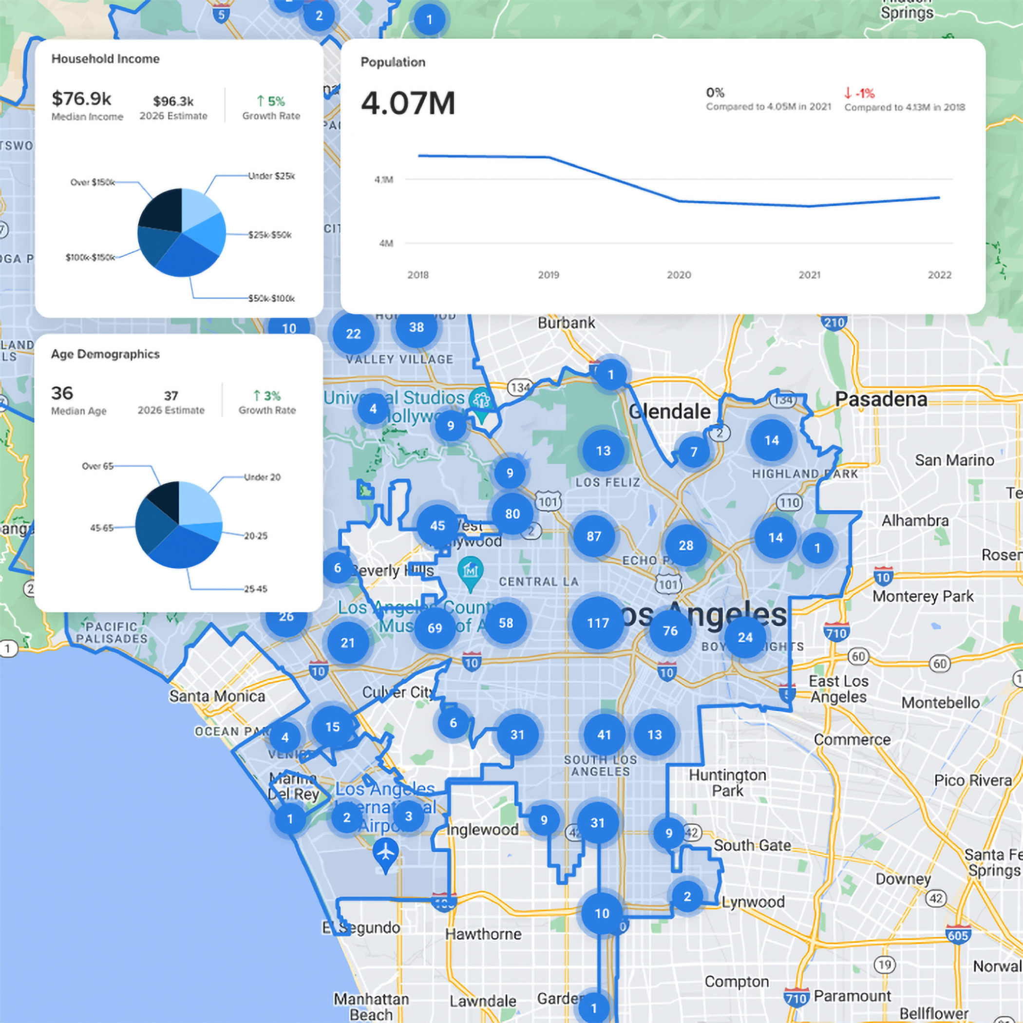 Map and dashboard with demographic information.