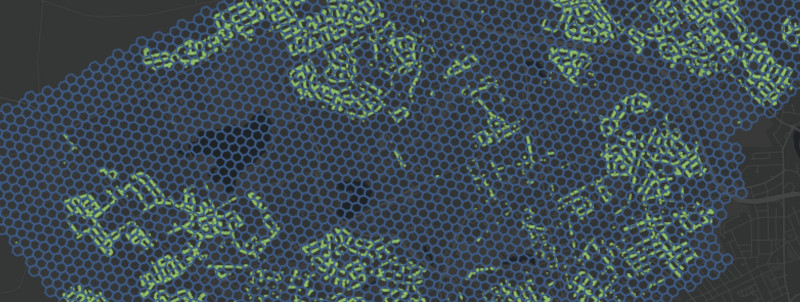 Map with road segments and an H3 hexagon grid showing for tessellation.