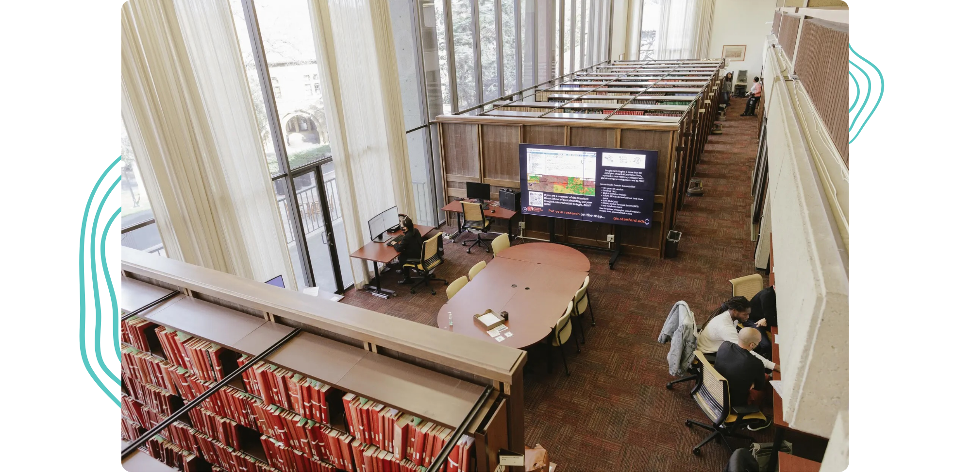 A view of the Stanford Geospatial Center from the mezzanine level of Branner Earth Sciences Library and Map Collections.