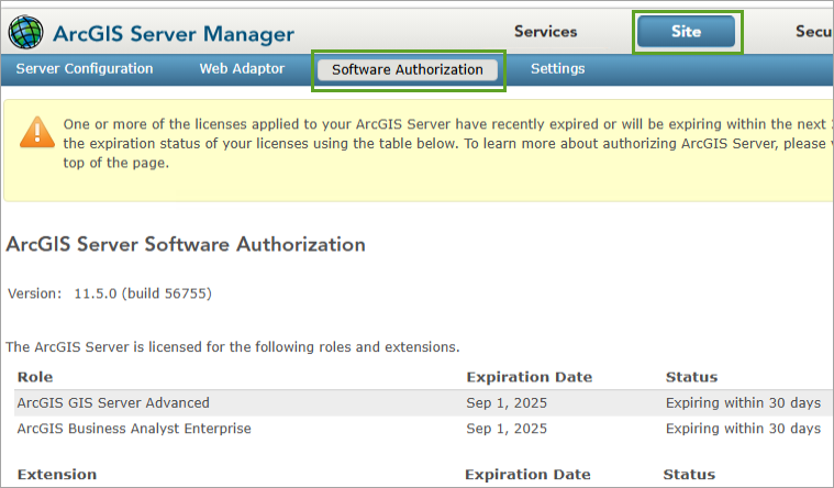 Site and Software Authorization tabs