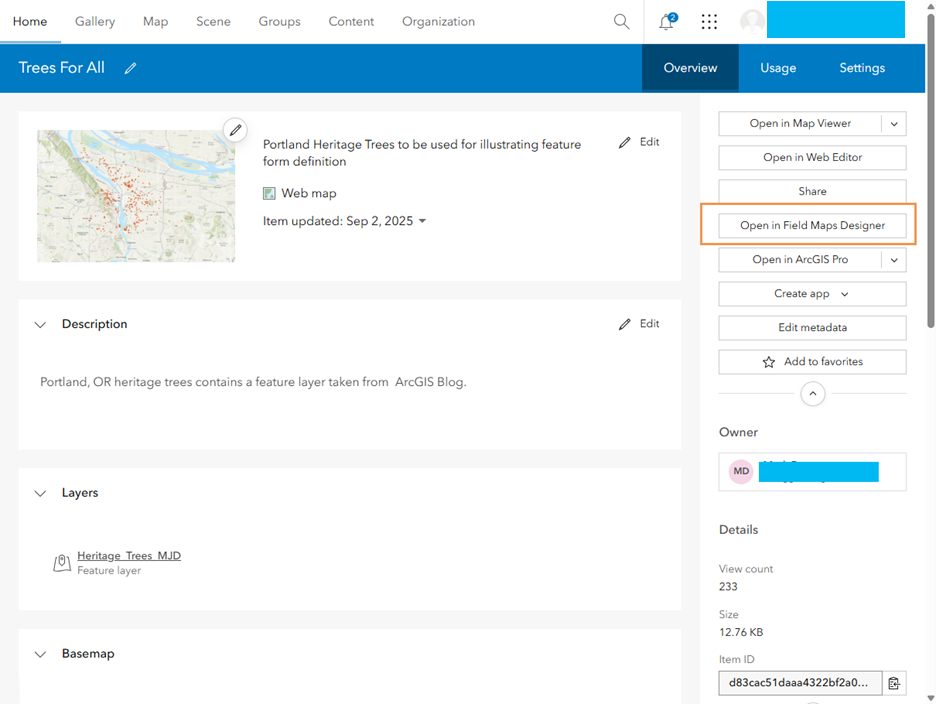 Web map Item page in ArcGIS Online with Open in Field Maps Designer button.