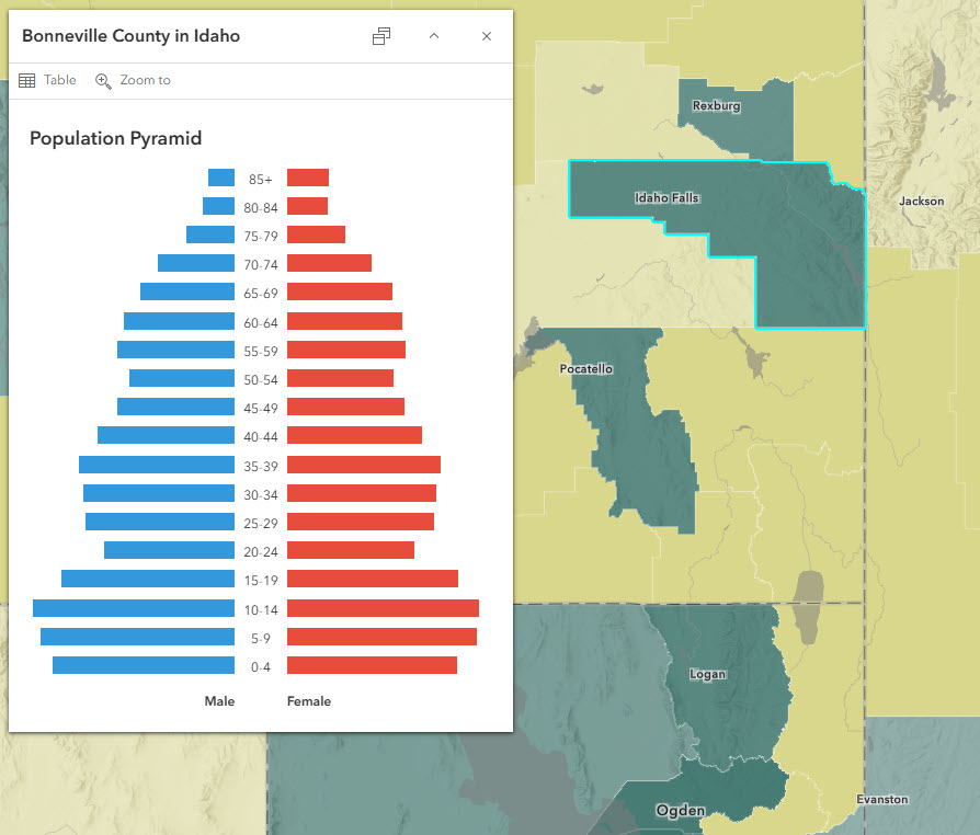 Bonneville County, ID is green on the map, depicting a predominantly urban setting. In the pop-up, the population pyramid has a triangular shape such that the bars on the bottom (younger ages) are largest, and they generally get progressively smaller and smaller towards the top as the age groups increase.