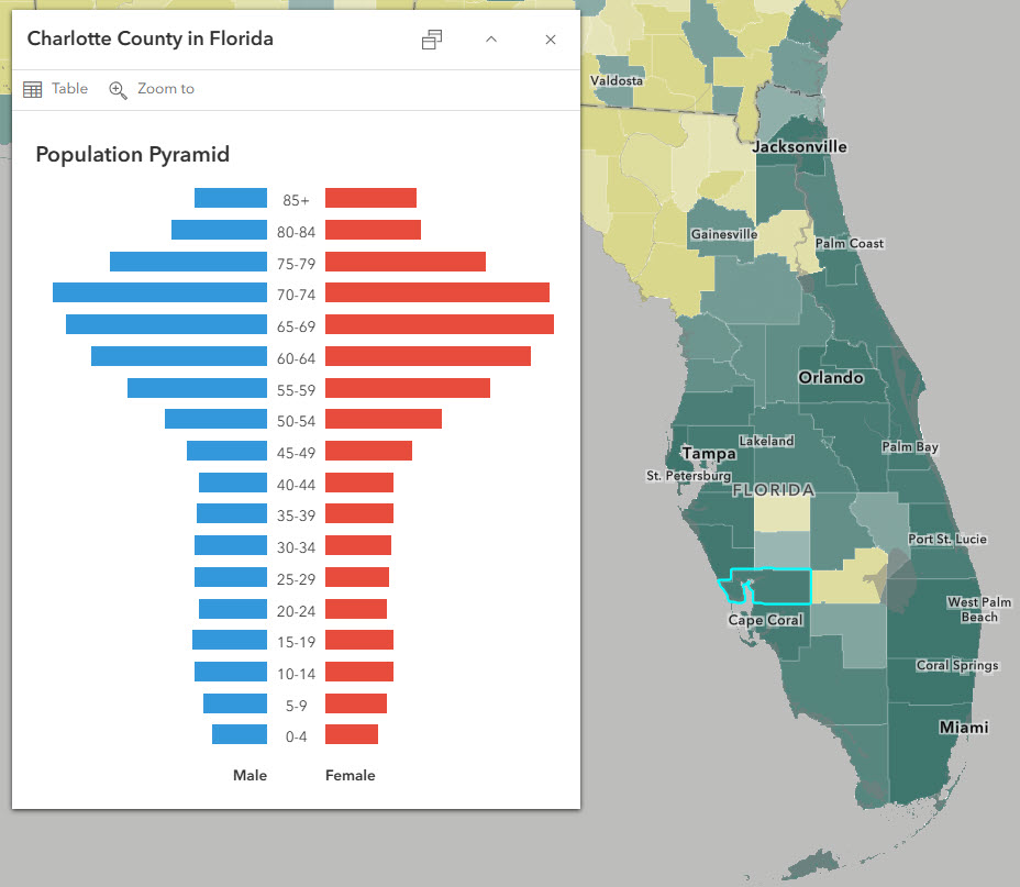 Charlotte County, FL is green in the map, meaning it has an urban population. The population pyramid has very large bars starting in the 60-64 age group, and very small bars for the younger age groups.
