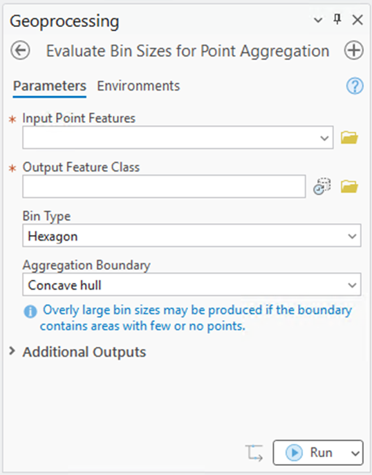 Geoprocessing tool dialog showing the Evaluate Bin Sizes for Point Aggregation tool showing the parameters for the tool.
