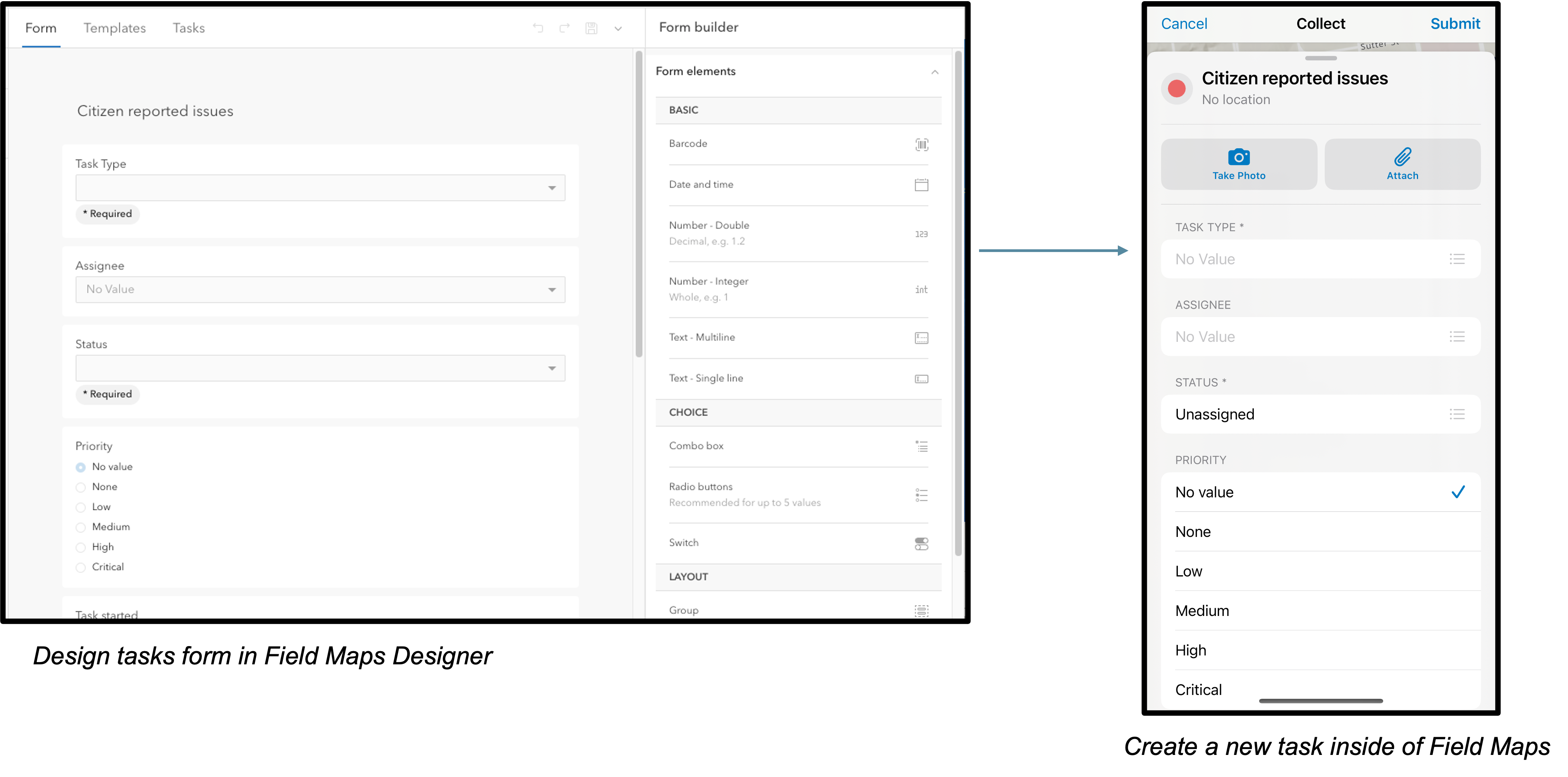 Screenshots of building the task form in Field maps Designer and viewing the task form in Field Maps mobile app