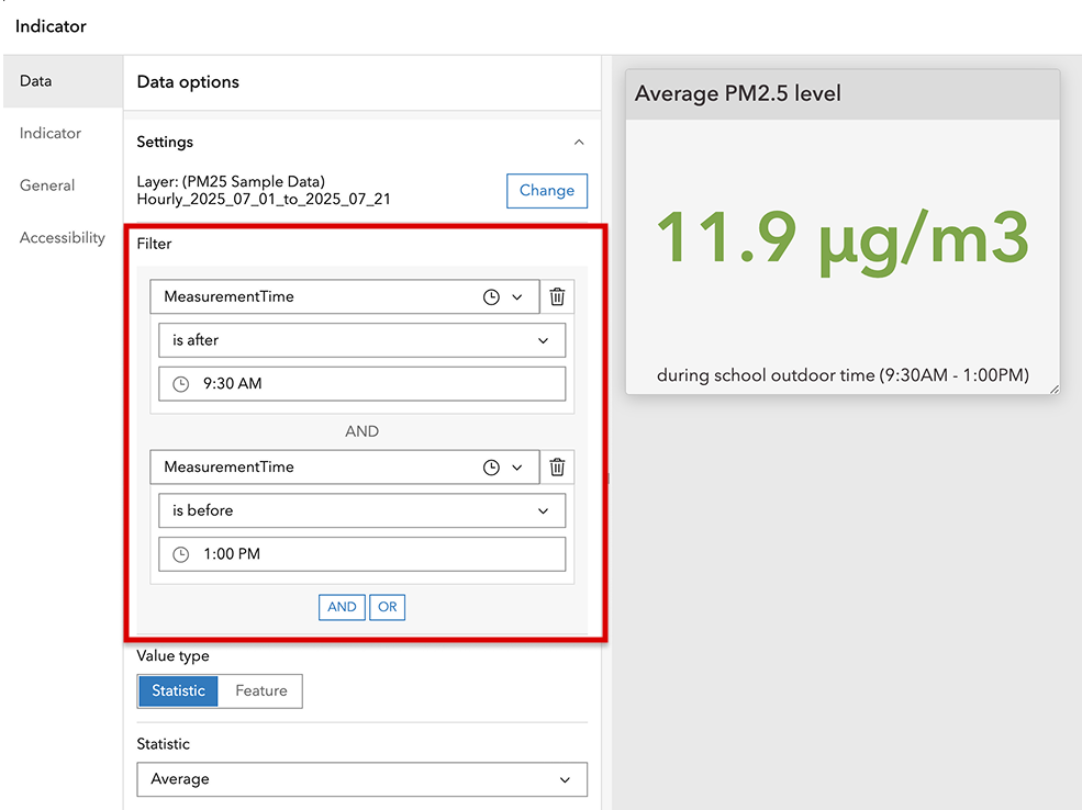 A screenshot showing how filter can be configured for an indicator