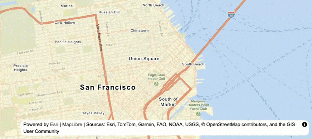 A map centered on San Francisco that displays place icons as users zoom in.