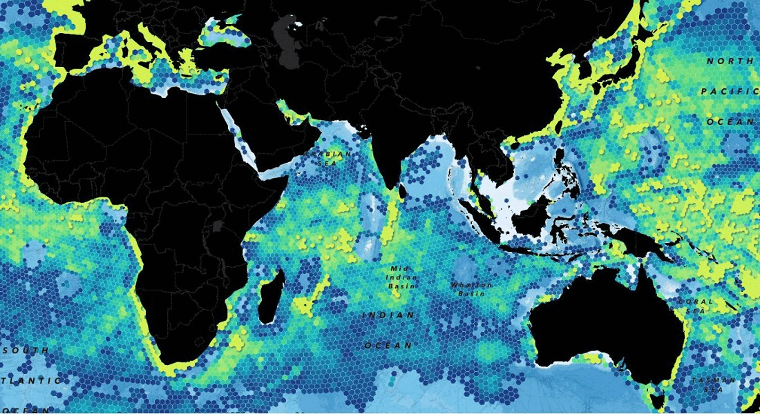 An animated gif of three maps that represent global fishing watch data, U.S. infrastructure data, and redlining descriptions of a U.S. neighborhood