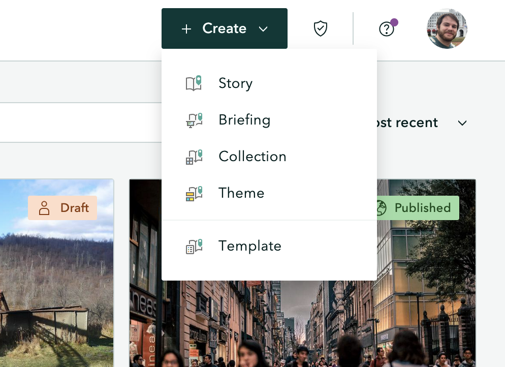 A digital interface showing a dropdown menu under a "Create" button. Options include Story, Briefing, Collection, Theme, and Template.