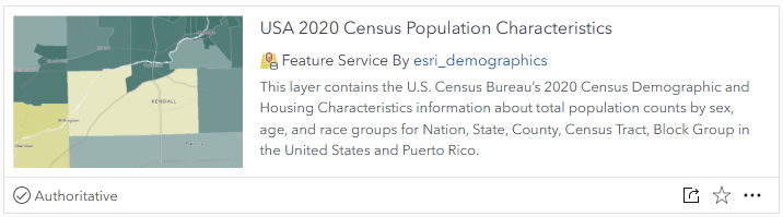 Screenshot of card for USA 2020 Census Population Characteristics layer. Feature service by esri_demographics.
