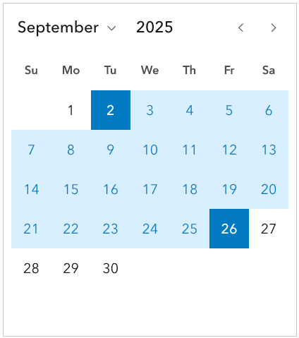 Date Picker displaying a single month view with a range of dates selected.