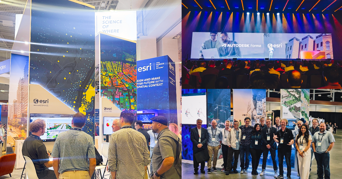 A collage of images showing Autodesk University attendees visiting Esri's booth (left), Esri being mentioned on the main stage alongside Autodesk Forma (top-right), and 14 Esri experts standing in front of the booth (bottom-right).