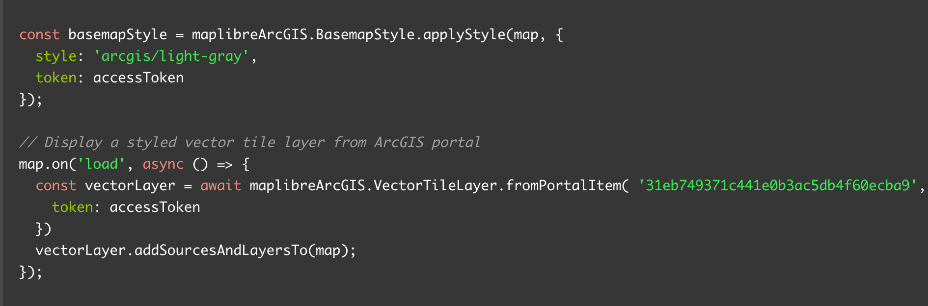 A screenshot of code to display a map and a styled vector tile layer using MapLibre ArcGIS plugin.