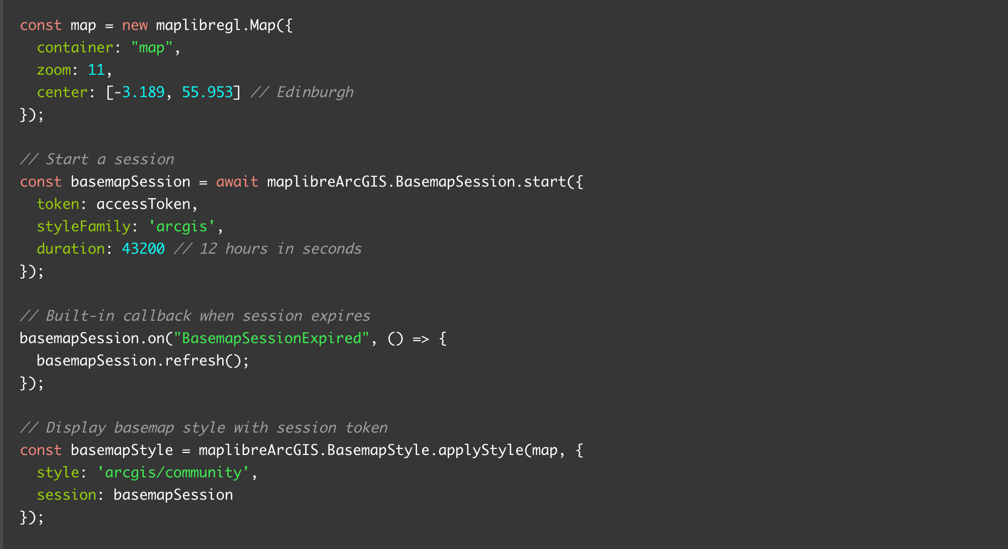 A screenshot of code to display a map with a basemap session using MapLibre ArcGIS plugin.
