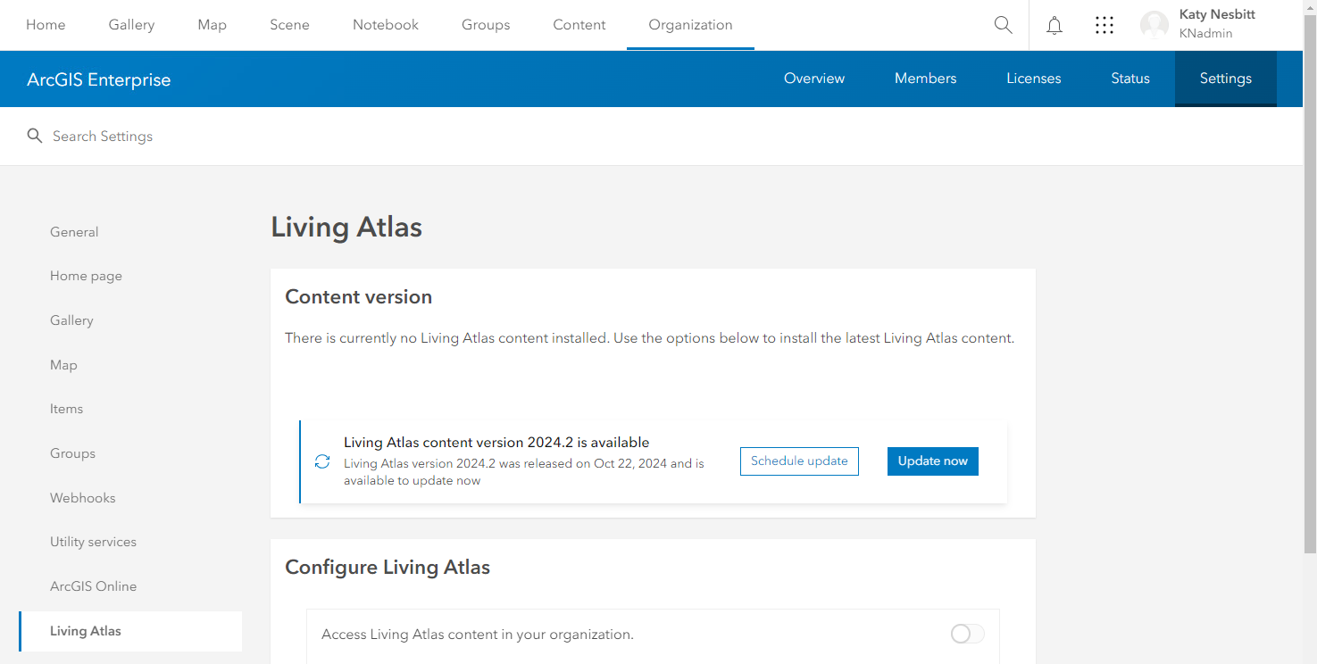 Enterprise 11.4 organization settings user interface showing there is no Living Atlas content installed, and Living Atlas package 2024.2 is available for install