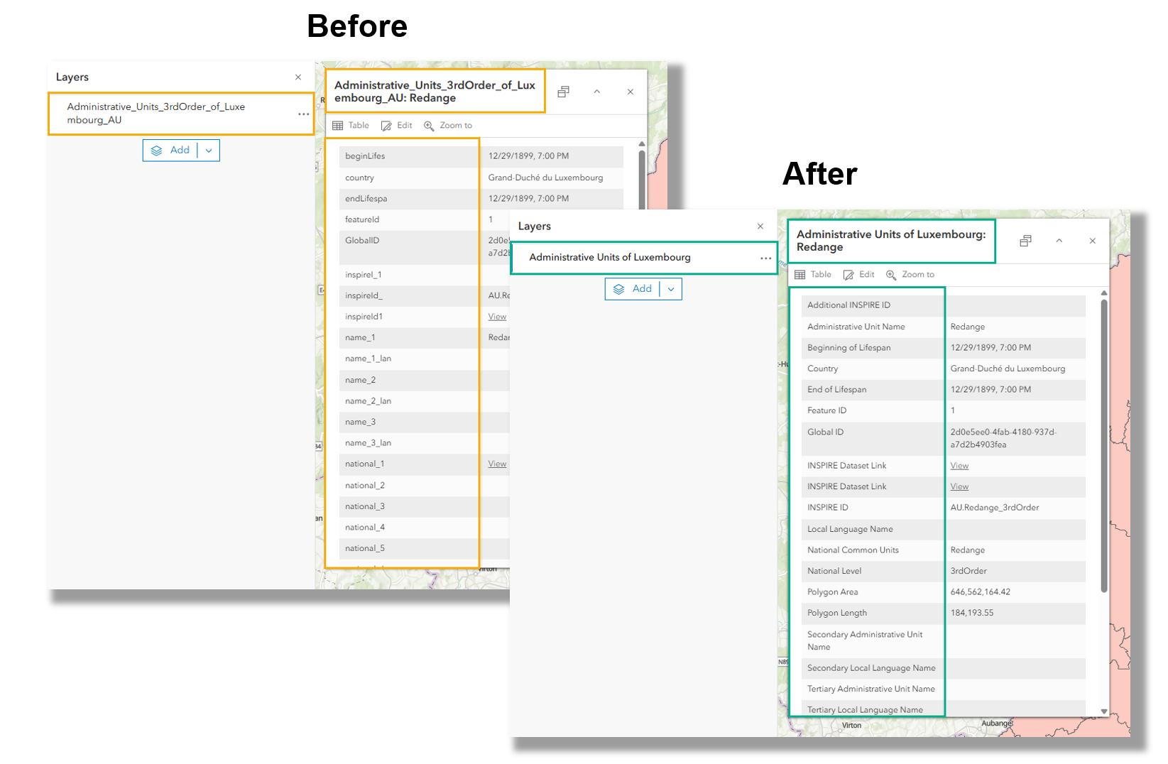 A comparison of two screenshots "Before" and "After" metadata.