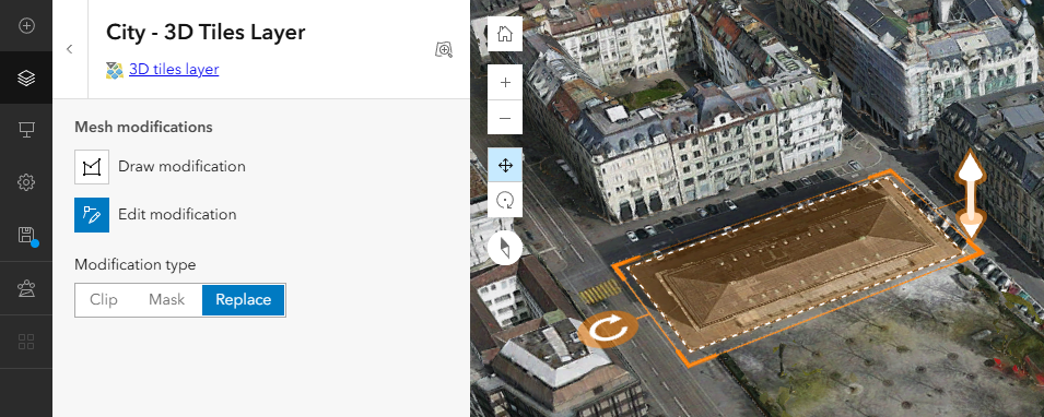 Screenshot of 3D mapping software. A "Mesh modifications" panel on the left shows "Replace" selected. The right displays an aerial 3D city view with an orange-highlighted building in an editing bounding box, showing rotation and scaling handles.