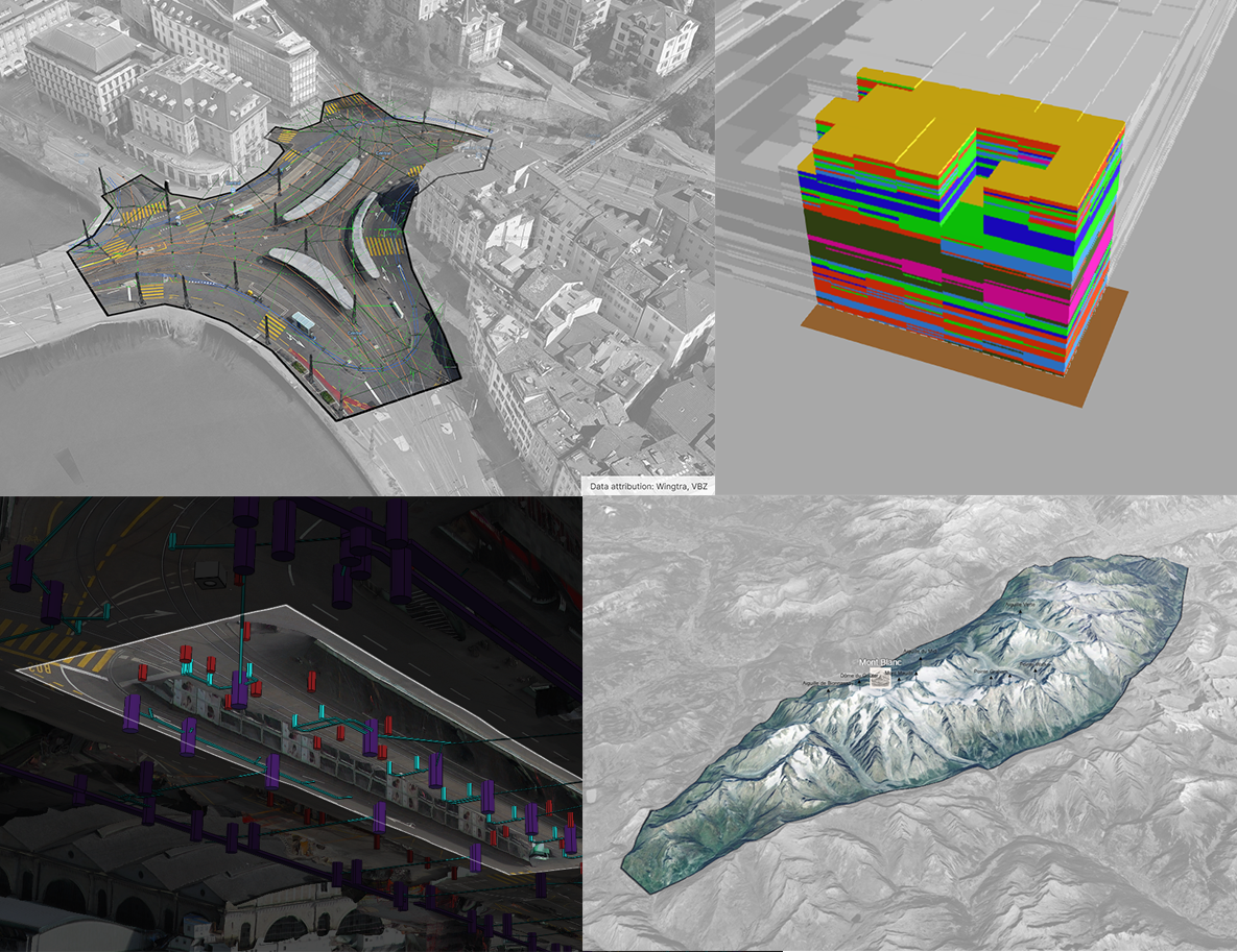 Four-panel collage demonstrating 3D modeling applications: city plan over aerial photo, layered building model, underground utilities rendering, and Mont Blanc topographical model.
