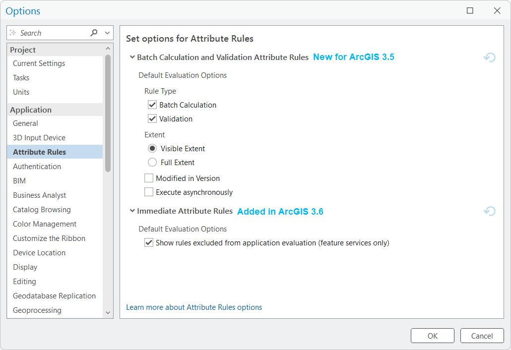 ArcGIS Pro Project options for Attribute Rules dialog window with default settings available in ArcGIS Pro 3.5 and 3.6.