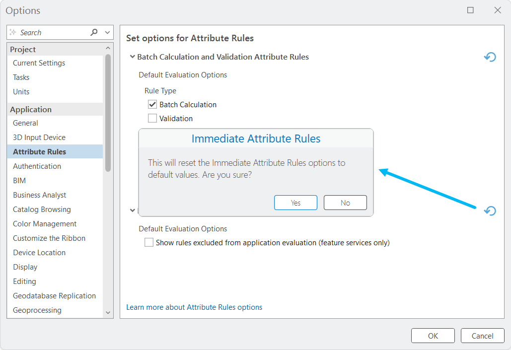 Attribute Rules options window from ArcGIS Pro 3.6 showing confirmation banner to reset Immediate Attribute Rules to default settings.