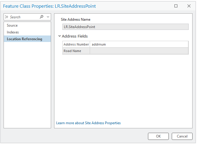 A screenshot illustrating the properties of the site address point feature class.