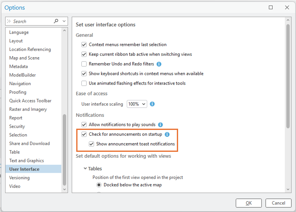 User Interface options allow users to control software announcement display