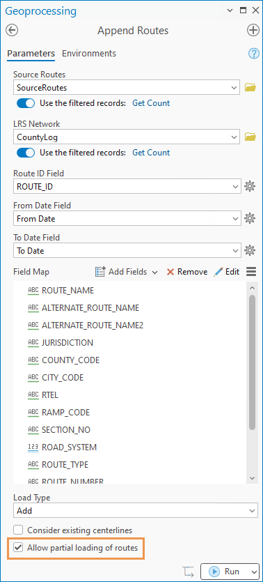 A screenshot highlighting the "Allow partial loading of routes" parameter of the Append Routes tool.