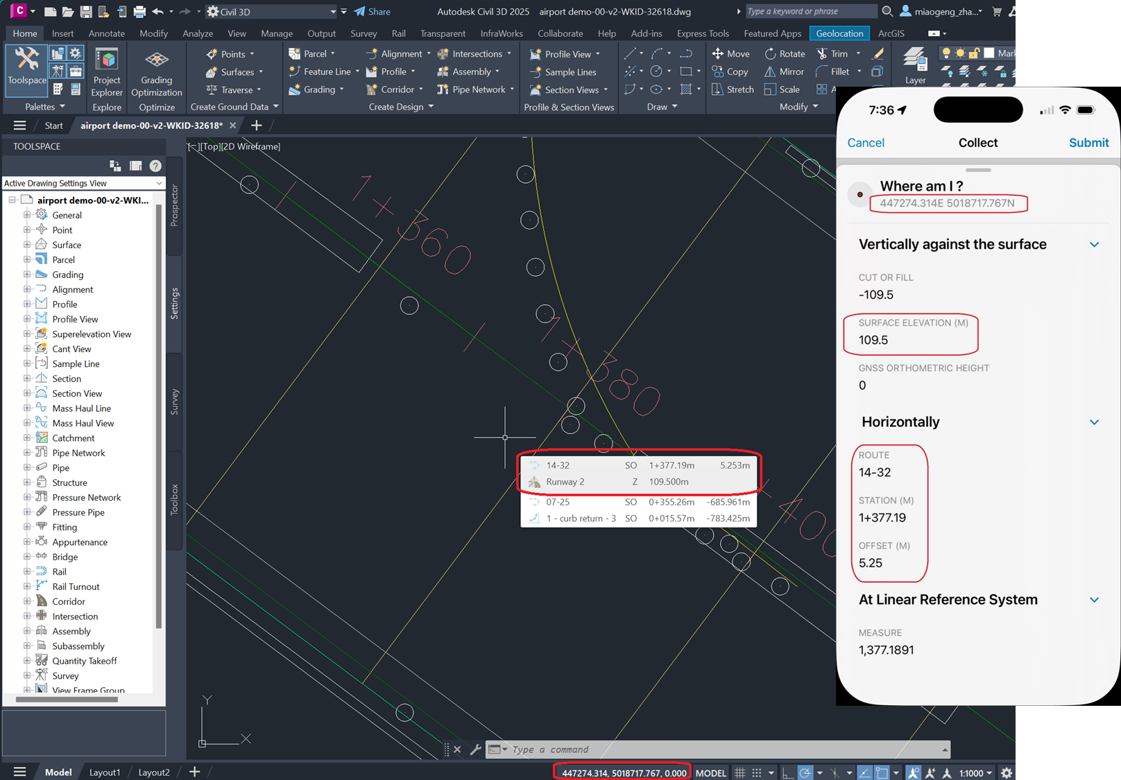 Accurate elevation and alignment measurements in the field and in Civil3D