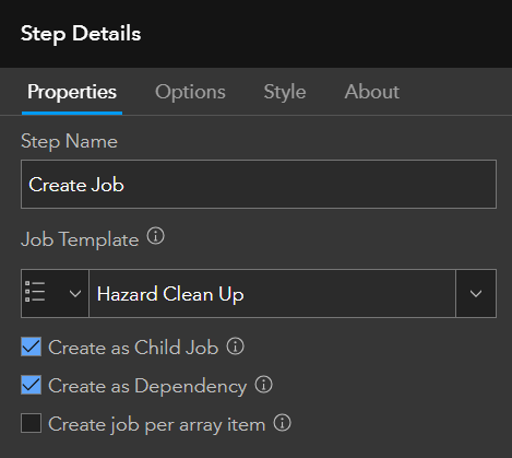 A screenshot of the Create Job step configuration with Create as Child Job and Create as Dependency enabled