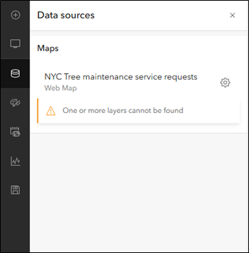 Data Sources panel showing an error message - "One or more layers cannot be found"