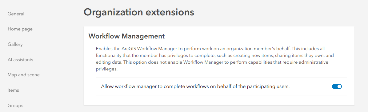 A screenshot of the 'Allow Workflow Manager to complete workflows on behalf of the participating users' setting being enabled