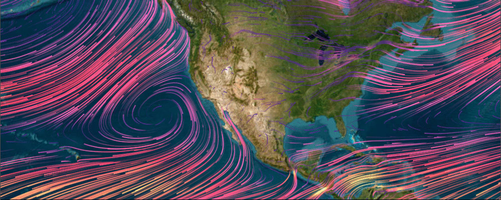 Animation showing global wind speed and patterns as vectors on a world map