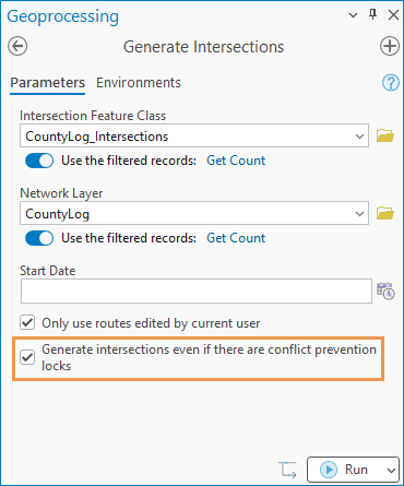A screenshot highlighting the "Generate intersections even if there are conflict prevention locks" parameter of the Generate Intersections tool.