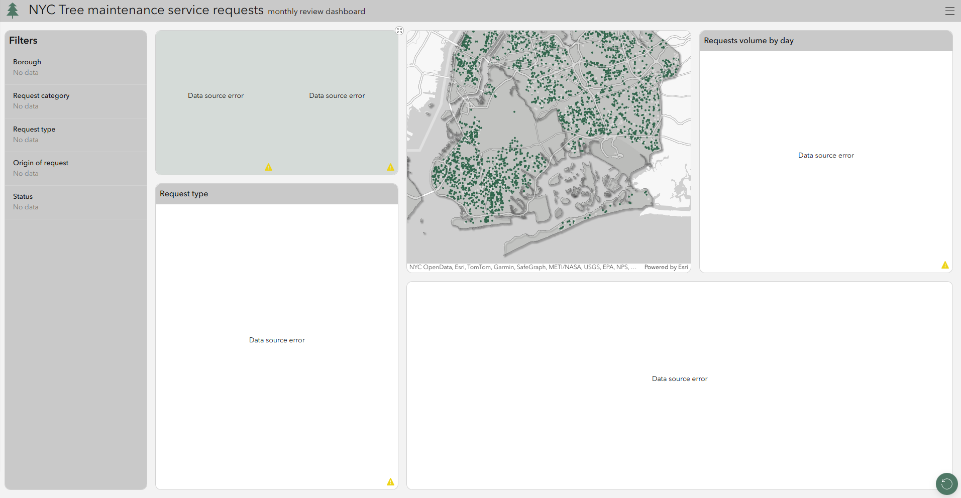 NYC Tree maintenance service requests review dashboard with a broken data source