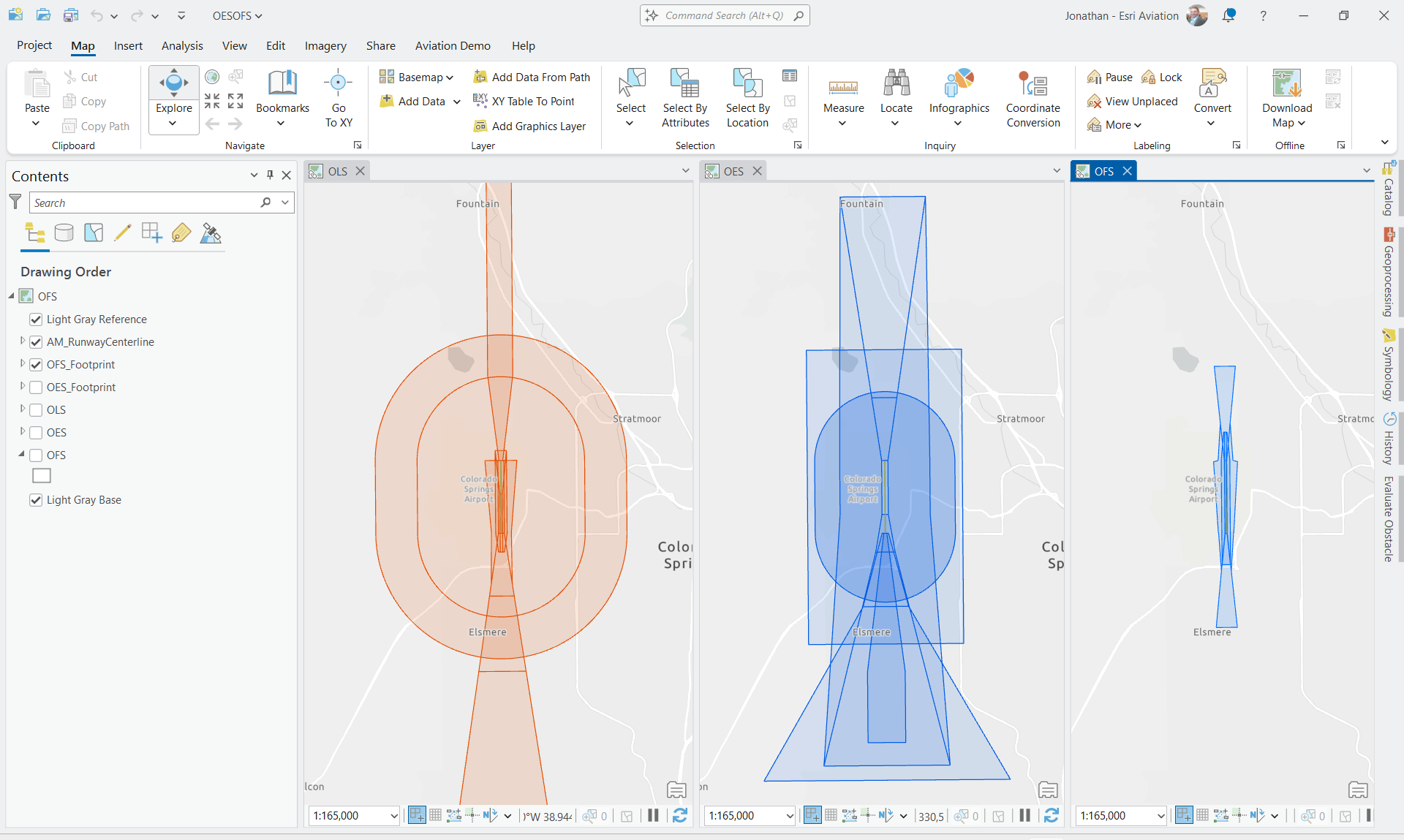 ArcGIS Pro with 3 side by side maps at the same scale to visualize the differences. To the far left are the existing OLS Surfaces, in the middle are the new OES, and to the right are the new OFS.