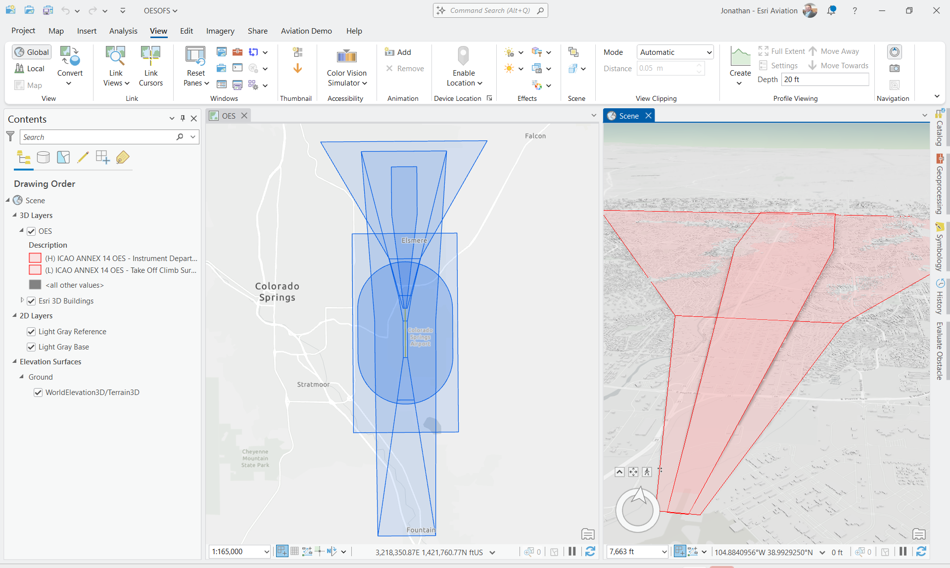 ArcGIS Pro with 2D view of all OES surfaces and 3D view of the OES departure surfaces.