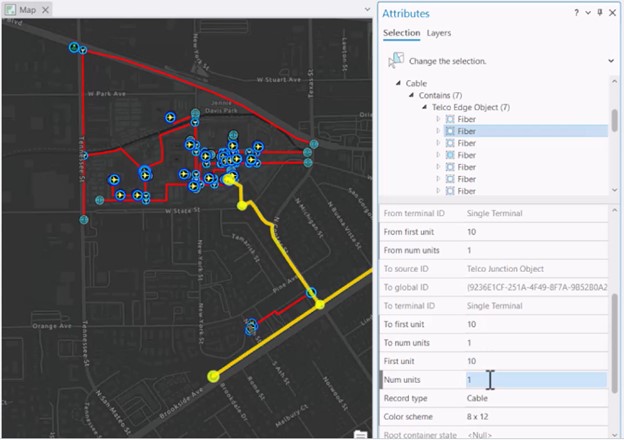 Image of ArcGIS utility network telecom system with grouping elements highlighted.