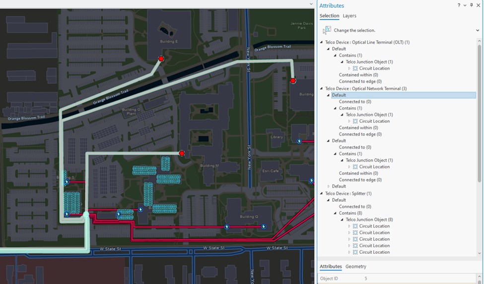 Image of ArcGIS utility network telecom system with tracing elements highlighted.