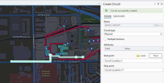 Image of ArcGIS utility network telecom system with circuit management elements highlighted.