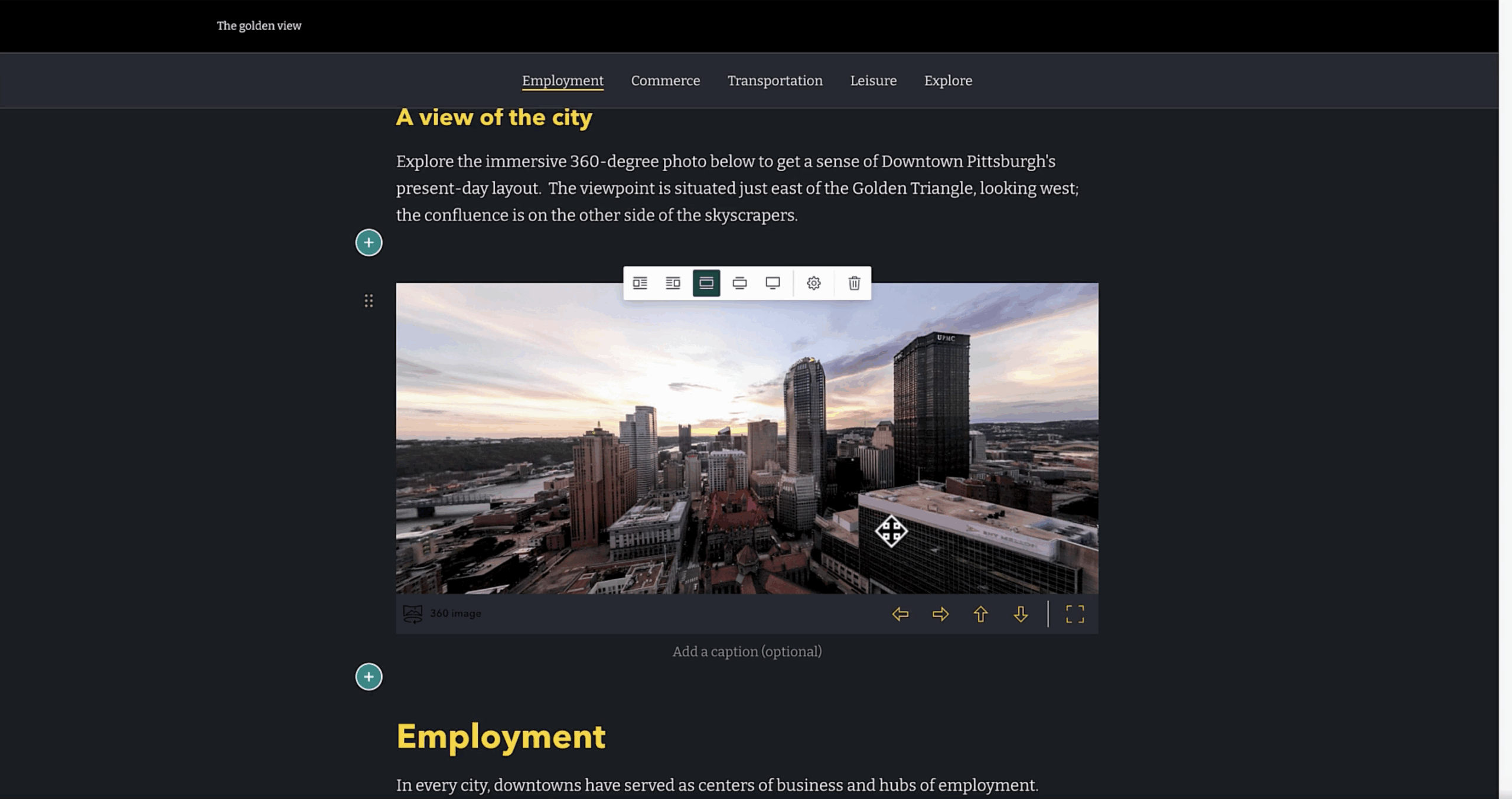 StoryMap's new 360° images feature is showcased, showing a 360° view of a large city with skyscrapers and older buildings.