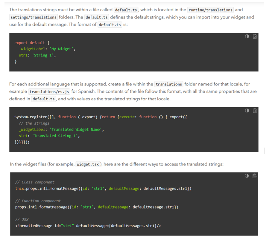 Information from the Esri developer documentation on how to handle translation strings in ArcGIS Experience Builder