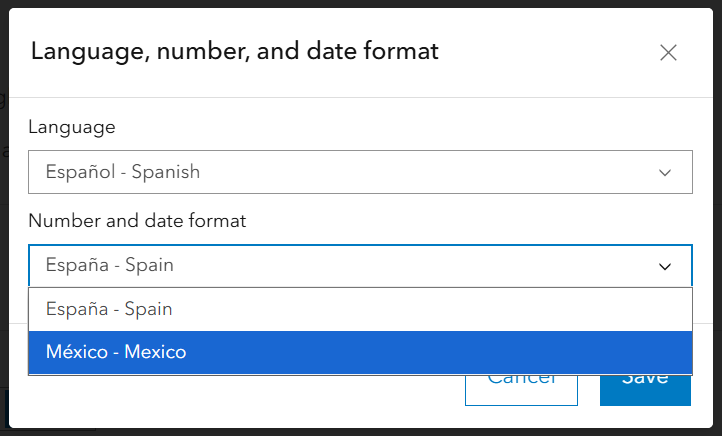 The ArcGIS Online user profile menu where users can set the language, number, and date format