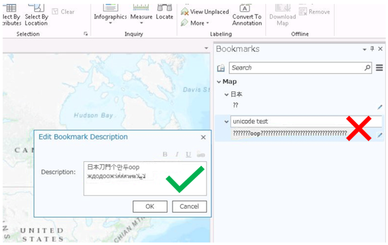 An Esri product UI with examples non-Ascii characters displaying correctly and incorrectly
