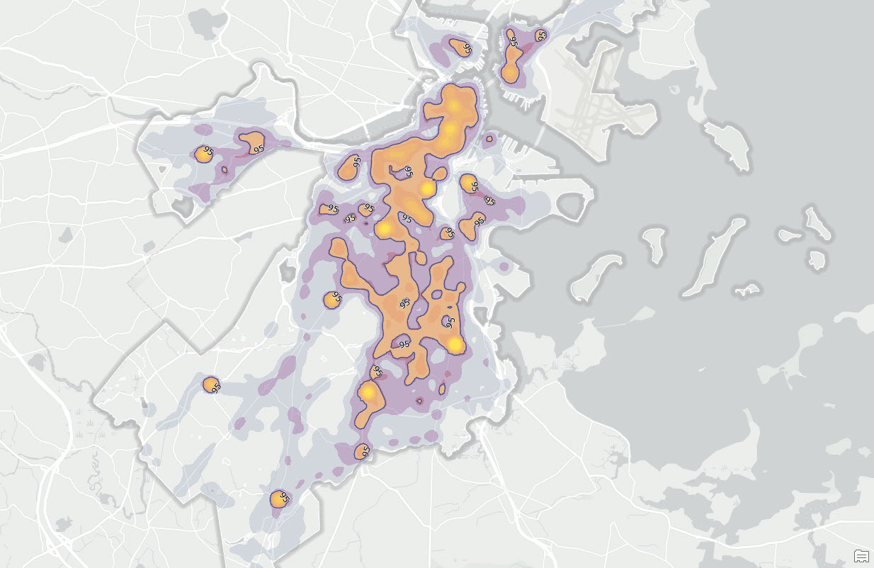 95th Percentile value contour extracted from crime events density raster