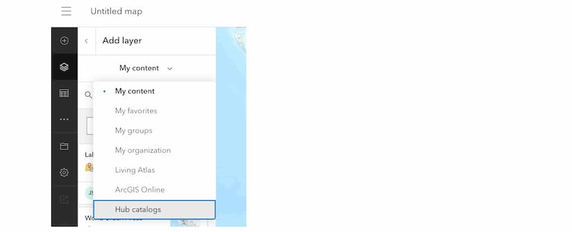 Hub catalog selection in add layer dialog