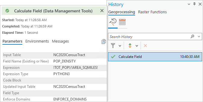 The Calculate Field Toolbar run instances saved in the project history