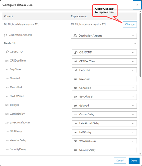 Configure data source window to replace or remap data