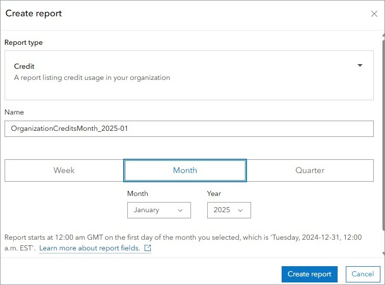 Create report window with Credit report parameters selected and Create report button selected