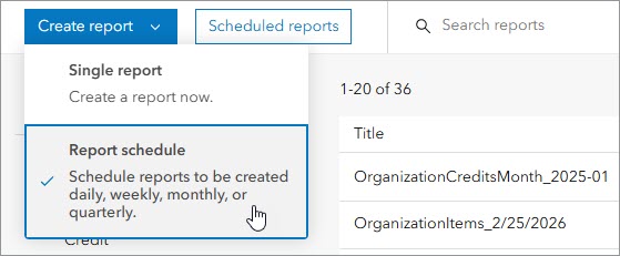 Create report menu with Report schedule option highlighted