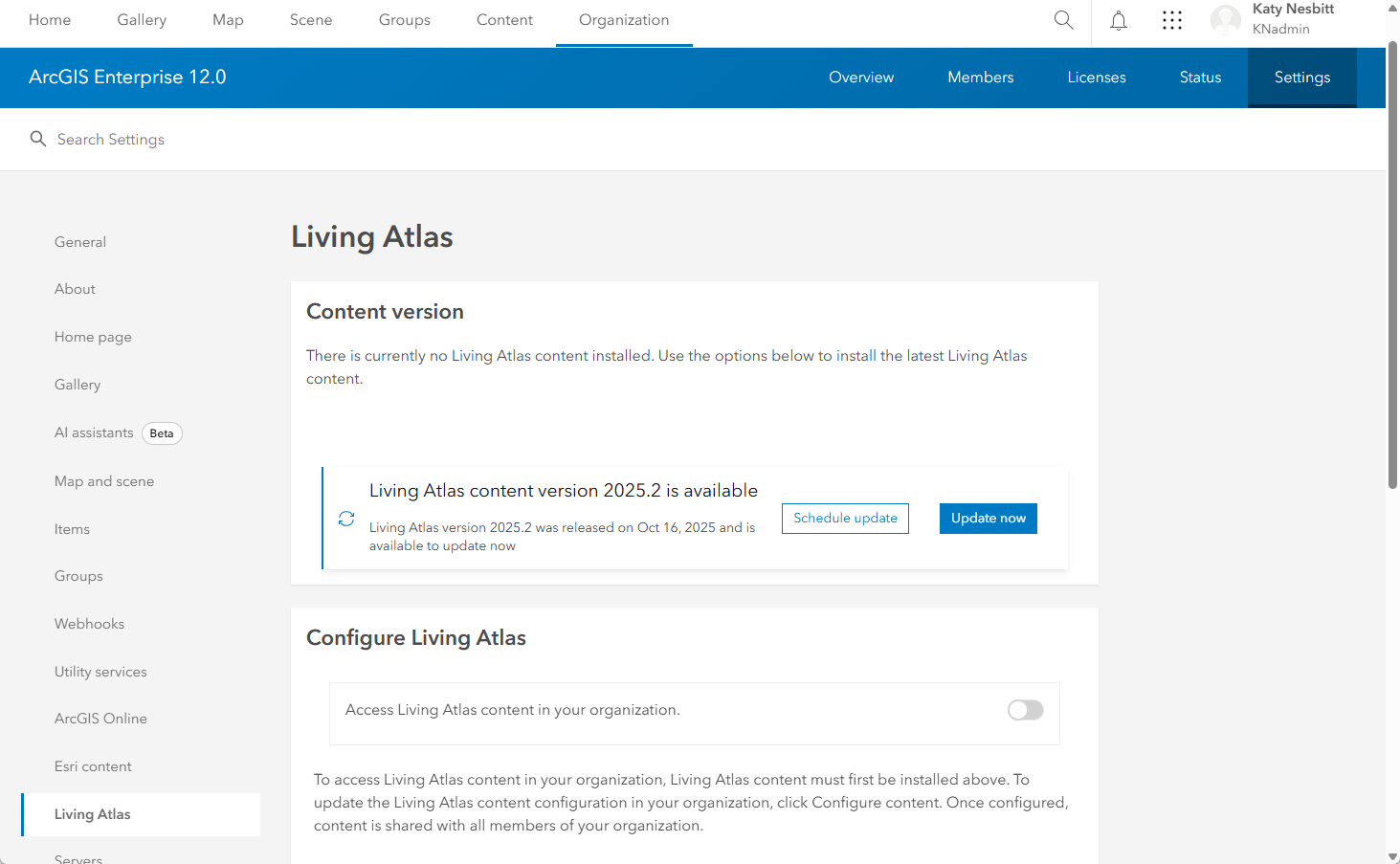 ArcGIS Enterprise portal organization settings interface showing that there is currently no package installed and package 2025.2 is available for update.